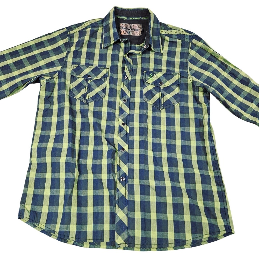 Realtree Plaid Snap Front Shirt Mens Large Green Navy Blue Long Sleeve Outdoor